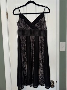 LOFT Black Lace Midi Dress with Pleated Waist